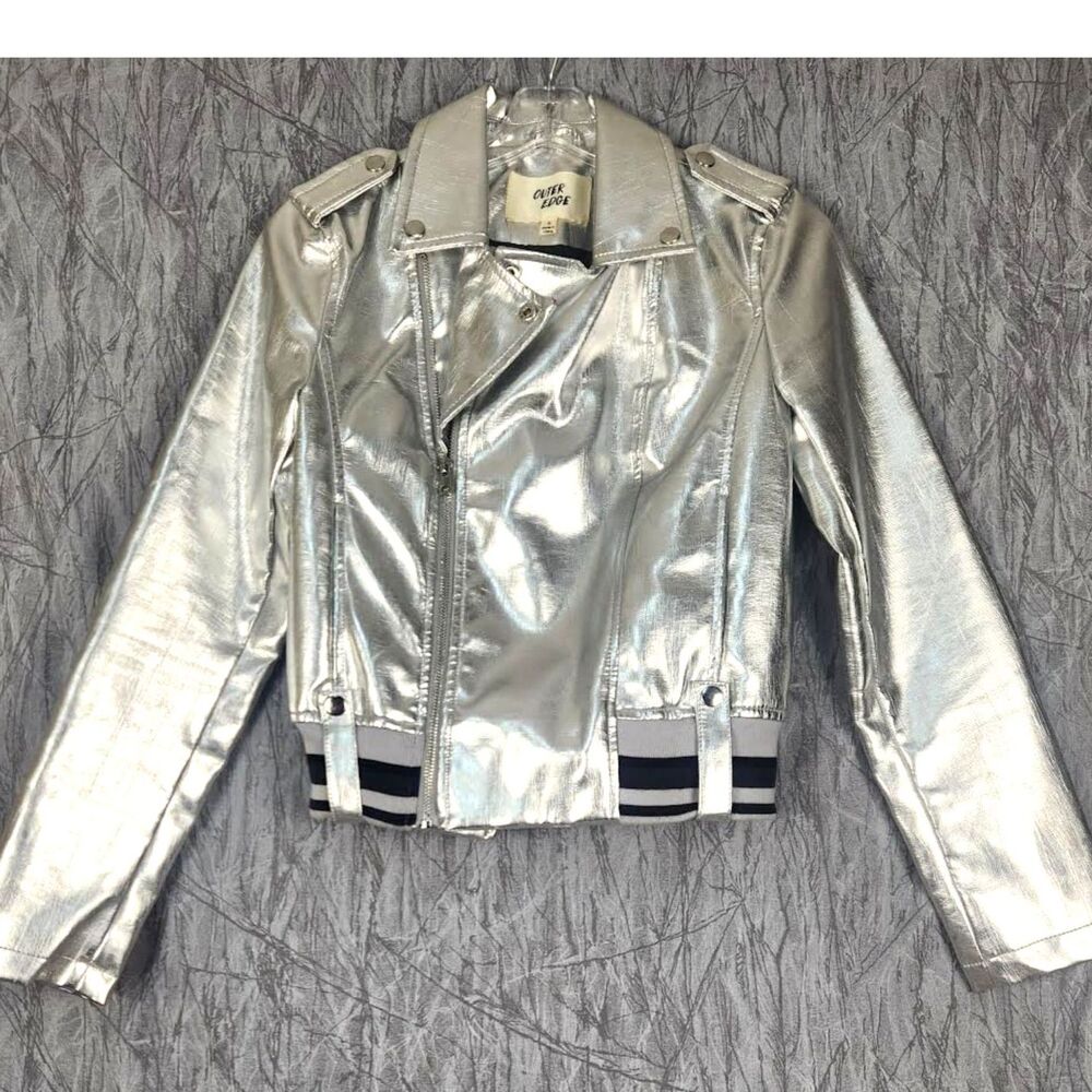 Outer Edge Women's Silver Zip Biker Jacket Size S Glam Bling Moto Y2K